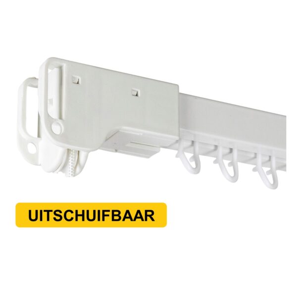 White extendable curtain rail with multiple white hooks on a white background, labeled UITSCHUIFBAAR (Dutch for extendable)